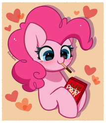 Size: 2611x3044 | Tagged: safe, artist:kittyrosie, imported from derpibooru, pinkie pie, earth pony, pony, cute, diapinkes, female, floating heart, food, heart, mare, open mouth, pocky, simple background, solo, yellow background