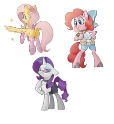 Size: 857x933 | Tagged: safe, artist:yunlongchen, imported from derpibooru, fluttershy, pinkie pie, rarity, earth pony, pegasus, pony, semi-anthro, unicorn, bell, bell collar, belt, bipedal, blouse, bow, bubble, bubblegum, butt, clothes, collar, dock, eyeshadow, female, floppy ears, flower, flower in hair, flutterbutt, food, glasses, gum, hair bow, horn, lidded eyes, makeup, mare, open mouth, plot, pouch, simple background, skirt, socks, spread wings, tail, trio, watch, white background, wings, wristwatch