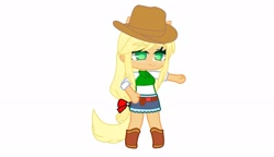 Size: 1953x1125 | Tagged: source needed, safe, imported from derpibooru, applejack, human, bow, female, freckles, gacha, gacha club, gacha life, hair bow, hand on hip, hat, humanized, raised arm, simple background, smiling, solo, standing, white background