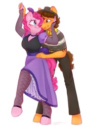 Size: 733x1079 | Tagged: safe, artist:melodylibris, imported from derpibooru, cheese sandwich, pinkie pie, anthro, earth pony, unguligrade anthro, cheesepie, clothes, dancing, dress, female, hat, looking at each other, looking at someone, male, mare, one eye closed, poncho, saloon dress, saloon pinkie, shipping, simple background, smiling, smiling at each other, stallion, straight, white background