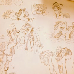 Size: 1024x1024 | Tagged: safe, artist:tagawa__, imported from derpibooru, apple bloom, applejack, rainbow dash, earth pony, pony, apple, butt, female, filly, foal, food, mare, plot, sketch, traditional art