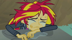 Size: 3072x1727 | Tagged: safe, imported from derpibooru, screencap, sunset shimmer, human, equestria girls, equestria girls (movie), clothes, crying, cute, eyes closed, female, frown, jacket, leather, leather jacket, sad, sadorable, shimmerbetes, solo