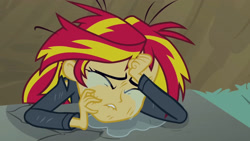 Size: 3072x1727 | Tagged: safe, imported from derpibooru, screencap, sunset shimmer, human, equestria girls, equestria girls (movie), clothes, crying, eyes closed, female, jacket, leather, leather jacket, lip bite, solo