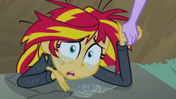 Size: 3072x1727 | Tagged: safe, imported from derpibooru, screencap, sunset shimmer, twilight sparkle, human, equestria girls, equestria girls (movie), clothes, crying, female, holding hands, jacket, leather, leather jacket, offscreen character, open mouth, solo focus