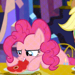 Size: 320x320 | Tagged: source needed, safe, edit, edited screencap, imported from derpibooru, screencap, applejack, pinkie pie, earth pony, pony, :t, animated, eating, female, food, gif, hoof hold, mare, meat, meme, nom, ponies eating meat, raw, smiling, solo focus, wat