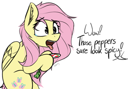 Size: 1377x958 | Tagged: safe, alternate version, artist:pinkberry, imported from derpibooru, fluttershy, pegasus, pony, alternate hairstyle, carrot, colored sketch, dialogue, doodle, female, food, mare, offscreen character, open mouth, peppers, simple background, sketch, solo, spicy, teary eyes, text, tongue out, white background