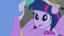 Size: 3072x1727 | Tagged: safe, imported from derpibooru, screencap, princess celestia, twilight sparkle, human, equestria girls, equestria girls (movie), bare shoulders, big crown thingy, duo, duo female, element of magic, fall formal outfits, female, jewelry, open mouth, open smile, ponied up, principal celestia, regalia, sleeveless, smiling, spread wings, strapless, twilight ball dress, wings