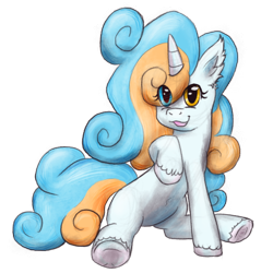Size: 1000x1000 | Tagged: safe, artist:hiddelgreyk, imported from derpibooru, oc, oc only, oc:tide, pony, unicorn, derpibooru community collaboration, 2023 community collab, belly, belly button, blue eyes, blue mane, ear fluff, eye clipping through hair, female, heterochromia, horn, looking at you, open mouth, orange eyes, orange mane, simple background, sitting, solo, tail, transparent background, two toned mane, two toned tail, unicorn oc, white coat