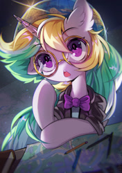 Size: 1280x1819 | Tagged: safe, artist:astralblues, imported from derpibooru, oc, pony, unicorn, book, bowtie, cute, desk, female, glasses, globe, mare, pencil, solo