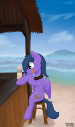 Size: 2072x3507 | Tagged: safe, alternate version, artist:barhandar, imported from twibooru, oc, oc only, oc:feather freight, pegasus, pony, beach, beach bar, food, ice cream, image, male, nudity, png, signature, solo, tongue out