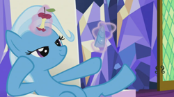 Size: 650x365 | Tagged: safe, edit, edited screencap, imported from derpibooru, screencap, trixie, pony, unicorn, all bottled up, season 7, apple, apple core, belly, chair, crystal, female, food, glowing, glowing horn, hoof on cheek, horn, levitation, magic, mare, raised hoof, random, relaxed, silly, sitting, smiling, solo, telekinesis, throne, throne room, twilight's castle