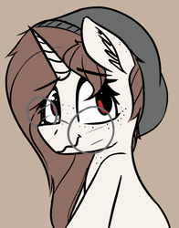 Size: 574x732 | Tagged: safe, artist:pinkberry, imported from derpibooru, oc, oc only, oc:mocha bean macchiato, pony, unicorn, brown background, bust, doodle, female, freckles, glasses, horn, mare, portrait, simple background, solo, unicorn oc