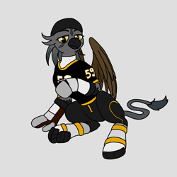 Size: 1200x1200 | Tagged: safe, artist:pony quarantine, imported from derpibooru, oc, oc only, oc:garima, griffon, american football, clothes, female, gloves, gray background, simple background, solo, sports, uniform