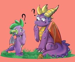Size: 1774x1484 | Tagged: safe, artist:cosmiclitgalaxy, imported from derpibooru, spike, dragon, crossover, duo, international dragon day, looking at each other, looking at someone, male, question mark, red background, simple background, spyro the dragon, spyro the dragon (series)