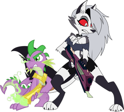 Size: 6646x6000 | Tagged: safe, artist:equestria-prevails, artist:frownfactory, artist:ponygamer2020, edit, editor:ponygamer2020, imported from derpibooru, spike, demon, dragon, hellhound, absurd resolution, angry, badass, collar, duo, female, fire, furry, gun, helluva boss, loona (helluva boss), male, pentagram, rifle, simple background, tail, transparent background, vector, weapon, winged spike, wings