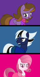 Size: 1577x3005 | Tagged: safe, artist:tanahgrogot, imported from derpibooru, oc, oc only, oc:annisa trihapsari, oc:ghostpony, oc:princess kincade, alicorn, earth pony, pony, series:the legend of tenderheart, angry, blue background, clothes, female, gritted teeth, group, looking at you, magenta background, male, mare, open mouth, open smile, purple background, simple background, smiling, smiling at you, stallion, teeth, trio, unamused