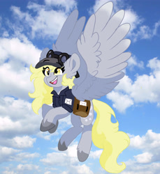 Size: 5500x6000 | Tagged: safe, artist:scarletskitty12, imported from derpibooru, derpy hooves, pegasus, pony, bag, colored hooves, cute, derpabetes, eye clipping through hair, eyebrows, eyebrows visible through hair, female, flying, goggles, happy, hat, mailbag, mailmare, mailmare uniform, mare, sky, solo, spread wings, unshorn fetlocks, wings
