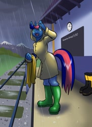 Size: 931x1280 | Tagged: safe, artist:ketzel99, imported from derpibooru, oc, oc only, oc:ryo, anthro, boots, clothes, denim, implied ironfire, jeans, pants, puddle, rain, raincoat, shirt, shoes