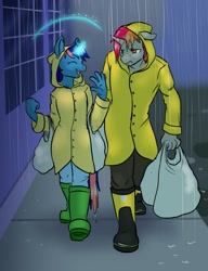 Size: 985x1280 | Tagged: safe, artist:ketzel99, imported from derpibooru, oc, oc only, oc:ironfire, oc:ryo, anthro, boots, clothes, denim, jeans, pants, puddle, rain, raincoat, shirt, shoes