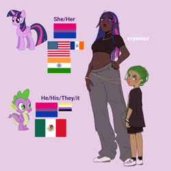 Size: 1200x1200 | Tagged: safe, artist:cryweas, imported from derpibooru, spike, twilight sparkle, alicorn, human, belly button, belly piercing, bisexual pride flag, cargo pants, clothes, dark skin, flag, hair over one eye, headcanon, humanized, looking at you, looking back, looking back at you, midriff, nonbinary pride flag, pants, piercing, pride, pride flag, pronouns, purple background, shoes, signature, simple background, slim, sneakers, thin, twilight sparkle (alicorn), young