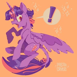 Size: 2048x2048 | Tagged: safe, artist:pastacrylic, imported from derpibooru, twilight sparkle, alicorn, pony, dusk shine, exclamation point, leonine tail, male, open mouth, orange background, rule 63, simple background, solo, sparkles, spread wings, stallion, tail, transgender, twilight sparkle (alicorn), wings