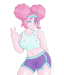 Size: 1700x2000 | Tagged: artist needed, source needed, safe, imported from derpibooru, pinkie pie, human, equestria girls, clothes, costume, female, gesture, halloween, halloween costume, humanized, midriff, pinkie puffs, shirt, shorts, simple background, sleeveless, sleeveless shirt, solo, tanktop, white background