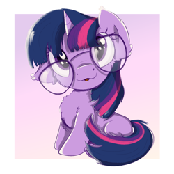 Size: 2000x2000 | Tagged: safe, artist:candy meow, imported from derpibooru, twilight sparkle, pony, unicorn, adorkable, cheek fluff, chest fluff, cute, dork, ear fluff, female, filly, filly twilight sparkle, foal, glasses, gradient background, high res, oversized glasses, simple background, sitting, solo, twiabetes, unicorn twilight, weapons-grade cute, younger