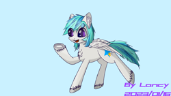 Size: 2560x1440 | Tagged: safe, artist:lancy, imported from derpibooru, oc, oc only, oc:lancy, pegasus, blue background, chest fluff, cyan background, ear fluff, simple background, solo