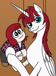 Size: 1200x1607 | Tagged: safe, artist:pony quarantine, imported from derpibooru, oc, oc only, oc:fausticorn, alicorn, human, pony, concave belly, female, hoof hold, lauren faust, looking at you, mare, plushie, ponified, slim, smiling, smiling at you, solo, thin