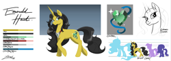 Size: 3764x1350 | Tagged: safe, artist:zubirus, imported from derpibooru, princess celestia, rarity, twilight sparkle, oc, oc:emerald heart, alicorn, unicorn, color palette, cutie mark, digital art, reference sheet, silhouette, simple background, size chart, size comparison, sketch, twilight sparkle (alicorn), white background