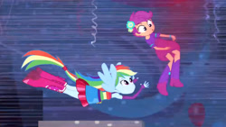 Size: 3072x1727 | Tagged: safe, imported from derpibooru, screencap, rainbow dash, scootaloo, human, equestria girls, equestria girls (movie), :o, boots, canterlot high, clothes, duo, duo female, fall formal outfits, female, fingerless gloves, flying, gloves, open mouth, ponied up, shoes, sleeveless, solo focus, spread wings, wings