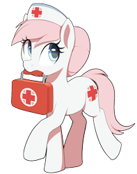 Size: 750x950 | Tagged: safe, artist:thebatfang, imported from derpibooru, nurse redheart, earth pony, pony, case, cute, female, first aid kit, hat, heartabetes, looking up, mare, mouth hold, nurse hat, simple background, solo, standing on two hooves, transparent background, walking