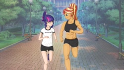Size: 2560x1440 | Tagged: safe, artist:theapplequeen1, imported from derpibooru, sci-twi, sunset shimmer, twilight sparkle, human, equestria girls, duo, duo female, female, height difference, jogging, muscles, muscular female, park, skinny, sports outfit, sunset lifter