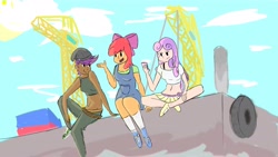 Size: 4096x2304 | Tagged: safe, artist:theapplequeen1, imported from derpibooru, apple bloom, scootaloo, sweetie belle, human, equestria girls, beanie, clothes, crane, cutie mark crusaders, female, group, group photo, hat, older, older apple bloom, older scootaloo, older sweetie belle, overalls, skirt, teenage apple bloom, teenage cmc, teenage scootaloo, teenage sweetie belle, trio, trio female
