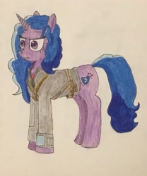 Size: 1966x2364 | Tagged: safe, artist:martialarts2003, imported from derpibooru, izzy moonbow, pony, unicorn, the sunjackers, belt, clothes, cyberpunk, eyebrows, female, frown, g4, g5, g5 to g4, generation leap, high res, jacket, mare, my little pony: a new generation, solo, straps, traditional art