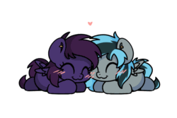 Size: 1200x800 | Tagged: safe, artist:sugar morning, imported from derpibooru, oc, oc only, oc:luny, oc:pestyskillengton, pegasus, pony, ^^, animated, commission, cuddling, cute, duo, eyes closed, female, gif, lesbian, love, simple background, transparent background, ych result