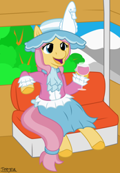Size: 1660x2380 | Tagged: safe, artist:terminalhash, imported from derpibooru, swan song, earth pony, pony, alcohol, clothes, commission, female, ferris wheel, forest, glass, hat, high res, mare, sitting, skirt, smiling, solo, vector, wine, wine glass