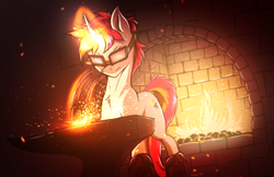Size: 3326x2160 | Tagged: safe, artist:draft the filmmaker, imported from derpibooru, oc, oc only, oc:ironfire, pony, unicorn, anvil, blacksmith, fire, forge, goggles, hammer, horn, horn ring, magic, ring, smithing, solo, sparks, unicorn oc, working