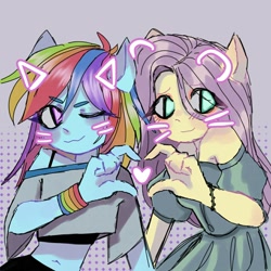 Size: 1280x1280 | Tagged: safe, artist:xansukoo, imported from derpibooru, fluttershy, rainbow dash, human, equestria girls, cat ears, duo, female, flutterdash, heart, heart hands, lesbian, shipping, whiskers
