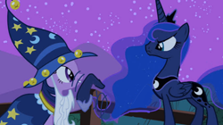 Size: 650x365 | Tagged: safe, edit, edited screencap, imported from derpibooru, screencap, princess luna, twilight sparkle, alicorn, pony, unicorn, luna eclipsed, season 2, beard, bell, cape, clothes, concave belly, costume, crown, duo, facial hair, female, frown, hat, hoof shoes, jewelry, luna is not amused, mare, necklace, night, nightmare night costume, physique difference, regalia, shoes, shooing, silly, slim, stars, thin, unamused, waving hoof