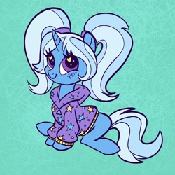 Size: 2048x2048 | Tagged: safe, artist:sophillia, imported from derpibooru, trixie, pony, unicorn, abstract background, alternate hairstyle, babysitter trixie, clothes, cute, diatrixes, female, heart, heart eyes, high res, hoodie, mare, pigtails, sitting, smiling, solo, twintails, wingding eyes