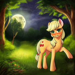 Size: 1024x1024 | Tagged: safe, editor:lord waite, imported from derpibooru, applejack, earth pony, pony, ai assisted, ai content, blushing, ears, female, forest, full moon, generator:stable diffusion, hatless, mare, missing accessory, moon, night, one leg raised, smiling, solo, tail, tree