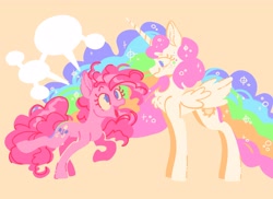 Size: 4096x2979 | Tagged: safe, artist:pastacrylic, imported from derpibooru, pinkie pie, princess celestia, alicorn, earth pony, pony, alternate hair color, beige background, chest fluff, duo, duo female, ethereal hair, ethereal mane, ethereal tail, female, folded wings, simple background, speech bubble, standing, tail, talking, wings, yellow background