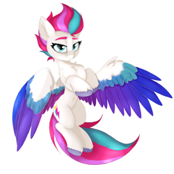 Size: 3000x3000 | Tagged: safe, artist:anti1mozg, artist:jbond, color edit, edit, imported from derpibooru, zipp storm, pegasus, pony, adorazipp, belly, belly button, chest fluff, colored, colored wings, cute, eyebrows, female, fluffy, g5, high res, lidded eyes, looking at you, mare, multicolored wings, raised hooves, simple background, slim, smiling, smiling at you, solo, spread wings, thin, unshorn fetlocks, white background, wings