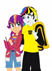 Size: 1934x2619 | Tagged: safe, artist:robertsonskywa1, imported from derpibooru, sunny starscout, human, equestria girls, autobot, book, duo, equestria girls-ified, female, g5, g5 to equestria girls, generation leap, male, multicolored hair, pen, simple background, sunny and sunstreaker, sunstreaker, transformers, white background