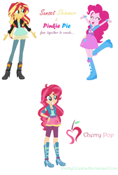 Size: 842x1246 | Tagged: safe, artist:prettycelestia, imported from derpibooru, pinkie pie, sunset shimmer, oc, oc:cherry pop, equestria girls, ahoge, belt buckle, blue eyes, boots, bracelet, clothes, curly hair, fusion, fusion:pinkie pie, fusion:sunset shimmer, fusion:sunsetpie, high heel boots, jacket, jewelry, shoes, simple background, striped mane, white background