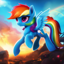 Size: 3072x3072 | Tagged: safe, imported from derpibooru, rainbow dash, pegasus, pony, ai content, ai generated, cloud, cloudy, eyelashes, female, flying, generator:purplesmart.ai, generator:stable diffusion, mare, prompter:nightluna, rainbow, scenery, sky, solo, spread wings, watermark, wings