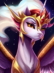 Size: 768x1024 | Tagged: safe, editor:mr-bat, imported from derpibooru, daybreaker, alicorn, pony, ai content, ai generated, alternate mane color, armor, chest fluff, female, gem, generator:stable diffusion, horn, jewelry, looking at you, mane of fire, neck fluff, pony ears, regalia, slim, solo, space, spread wings, stars, sternocleidomastoid, thin, wings