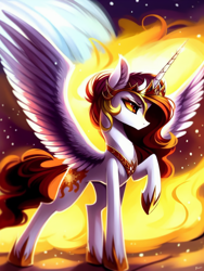 Size: 768x1024 | Tagged: safe, editor:mr-bat, imported from derpibooru, daybreaker, alicorn, pony, ai content, ai generated, armor, concave belly, female, fire, generator:stable diffusion, hoof shoes, horn, mane of fire, pony ears, princess shoes, raised hoof, red mane, red tail, slim, solo, spread wings, stars, tail, thin, wings