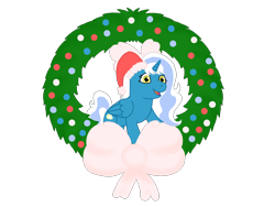 Size: 2000x1500 | Tagged: safe, artist:lightning13flicker, imported from derpibooru, oc, oc only, oc:fleurbelle, alicorn, pony, alicorn oc, bow, christmas, christmas wreath, female, happy, hat, holiday, horn, mare, santa hat, simple background, solo, transparent background, wings, wreath, yellow eyes